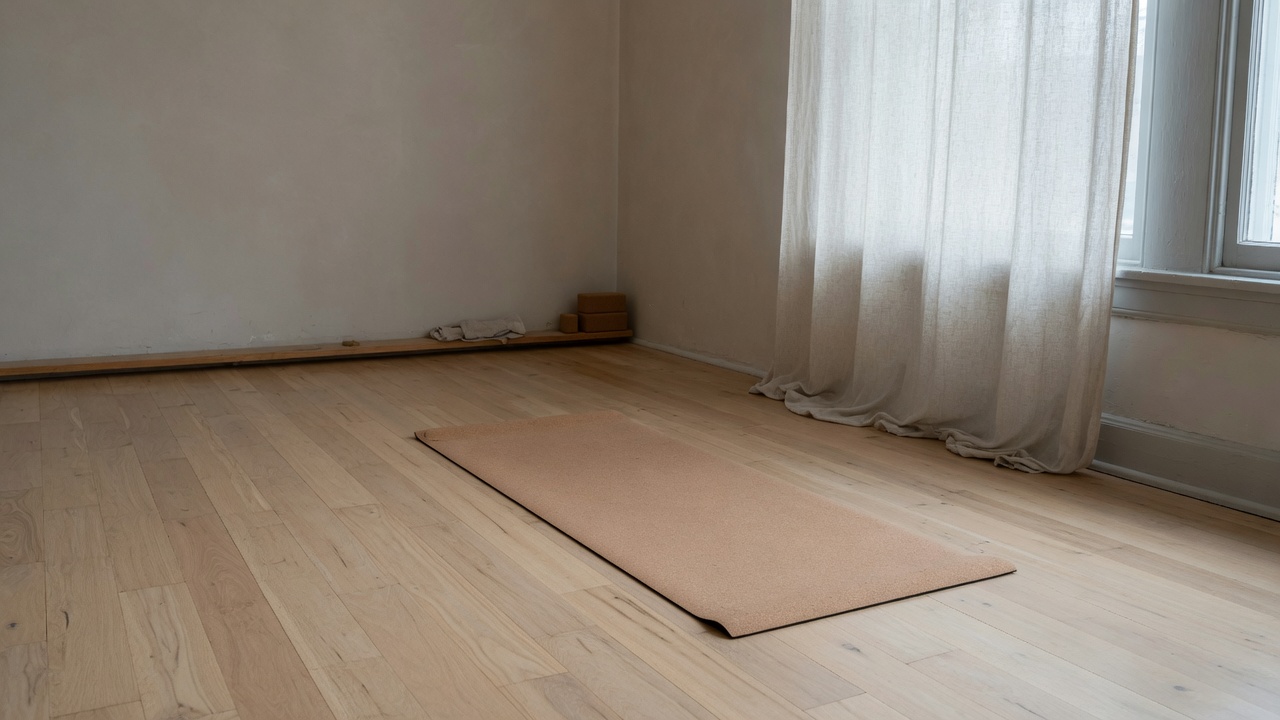An empty studio with a cork mat in morning light